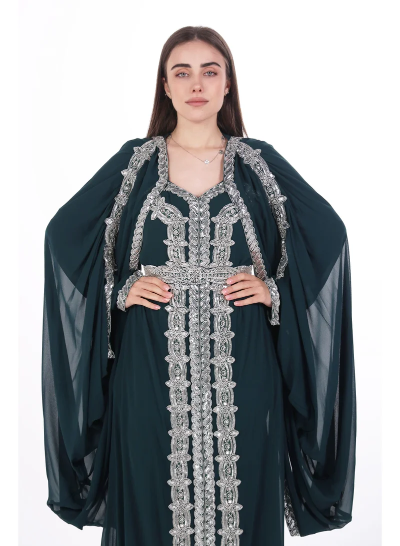 AL BENT AL SHARQIEH Dark green emboidered chiffon kaftan dress for Women | Best Price UAE